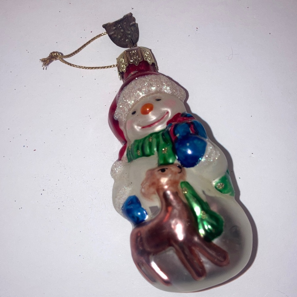 Holiday Thomas Pacconi Snowman Glass Ornament with Deer White, Red, Green, Blue